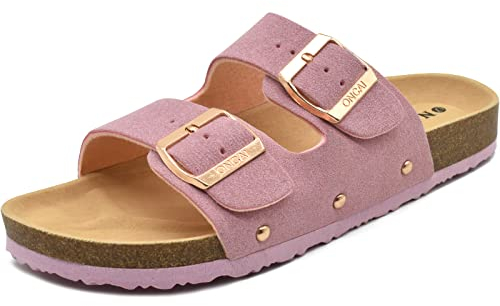 ONCAI Damen Pantolette Bequeme Hausschuhe mit Kork-Fußbett Suede Rosa 39 EU