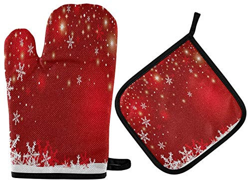 Mnsruu Ensemble de gant de cuisine et manique, motif flocons de neige, rouge, pour l'hiver, le Nouvel An, résistant à la chaleur, pour la cuisine, la cuisson, le barbecue