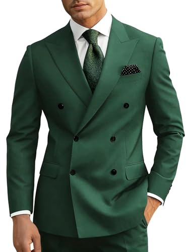 Wangyue Dark Green Double Breasted Suit Men Suits Classic Fit 2 Piece Wedding Groom Tuxedo for Men Emerald Green Double Breasted Blazer Formal Business Prom Tuxedo S