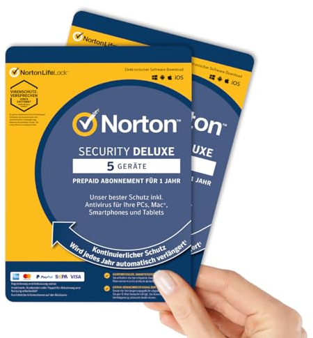 2 Stück - Norton Security Deluxe 5 Geräte / 1 Jahr - 2024 / 2025 【OHNE ABO】 Inklusive Antiviren Software - für Windows, Mac, Android, iOS - PKC