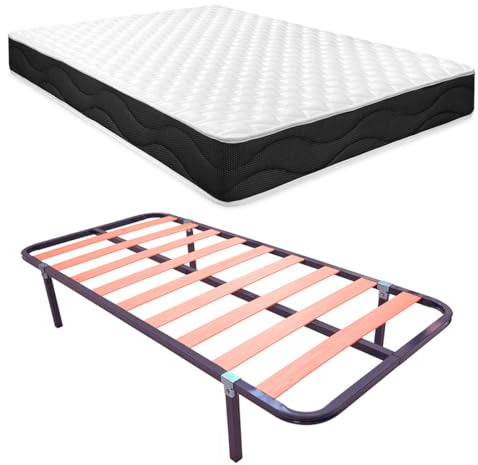 Homey - Cama Completa con Colchón Sleep Pro Reversible + Somier de Láminas Basic con 4 Patas Abrazadera, 90 x 190