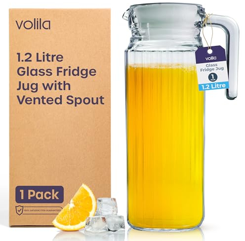 Kühlschrankkrug, 1 l, Glas-Wasserkrug mit Deckel (1 Packung) – Klarer Wasserkrug mit geriffeltem Glaskrug Design & Griff für Kühlschrankregal & täglichen Gebrauch mit belüftetem Ausguss – Säfte, Pimms