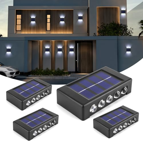 YUNYODA 4 Pack Solar Fence Lights - 10 LED Solar Wall Lights Outdoor with Up & Down Lighting, Waterproof Outdoor Garden Fence Lighting for Outside Yard Garden Garage Porch Deck Pathway Decoration