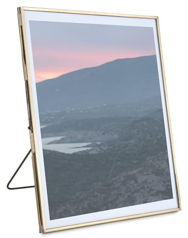 Fenzo Vintage Style 8x10 inch Portrait Metal & Glass Hanging Free Stand Picture Gold Photo Frame Desktop Picture Frames for Photos, Artwork, & Pressed Leaves, Floating Display Frames
