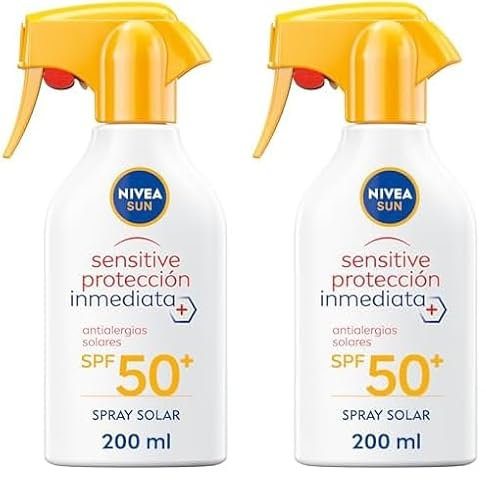 NIVEA SUN Sensitive Protección Inmediata Antialergias Solares FP50+ Spray (1 x 270 ml), spray solar resistente al agua, protector solar para piel sensible, pistola (Paquete de 2)