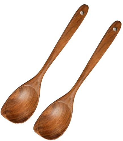 2Pcs Wooden Spoons for Cooking, Wooden Spoons Cooking Utensils Heat Resistant, Natural Premium Teak Wooden Spoon Set, Good Grip Wooden Spatula Non Stick Kitchen Utensil