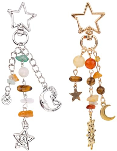 2st Sol Måne Stjärna Nyckelring, Y2K Nyckelkedja med Grus & Pärlor Boho Estetiska Väska Charmers för Kvinnor Flicka Pung Handväskor Ryggsäck Tillbehör (Silver, Guld)