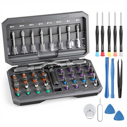 YUSHIHU Magnetisk skruvmejsel, skruvmejsel med flera bitars spärrskruvmejsel set med förvaringsfodral, bärbart reparationsverktygssats för möbler, dator, klocka, cyklar, klocka, etc