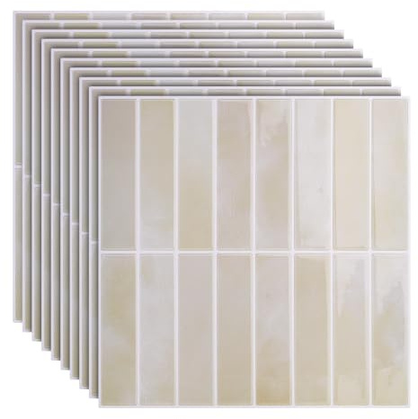 10 Piezas Azulejos Adhesivos Cocina, 3D Impermeable y Resistente al Aceite Azulejos Adhesivos Baño, 30.5×30.5cm Revestimiento Pared PET, Baldosas Adhesivas Pared Adecuados Para Cocinas, Baño (Beige)