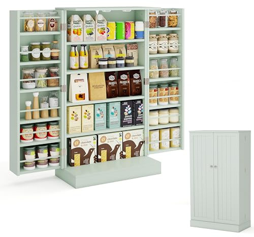 KOMFOTTEU Armadietto Portaoggetti da Cucina, Credenza Aoggiorno a Doppia Porta con Ripiano Regolabile, Mobiletto Multioso con Dispositivo Antiribaltamento per Sala da Pranzo, 59x30,5x103cm (Verde)