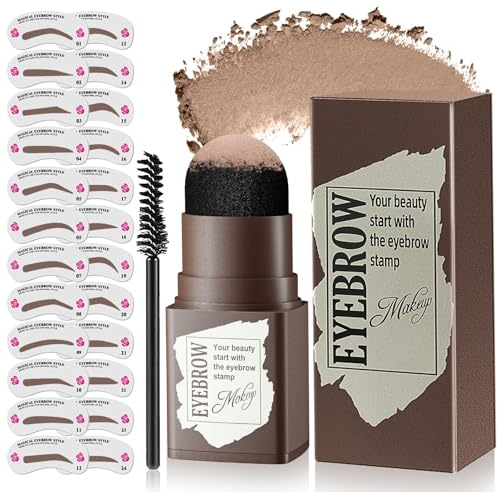 Eyebrow Stamp Stencil Kit with Brush - Long-Lasting Eyebrow Powder Waterproof & Smudge-Proof Brow Shaping Kit with 24 Reusable Eyebrow Stencils (Light Brown)
