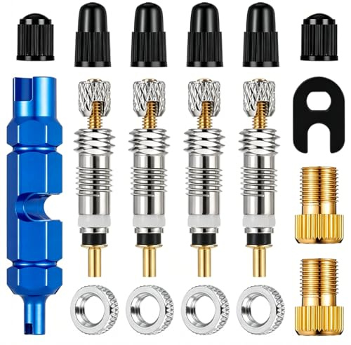 Kit de Válvulas Schrader de Metal, con Herramienta Extractora Azul, Tapas Negras y Adaptadores de Latón, 4 Piezas