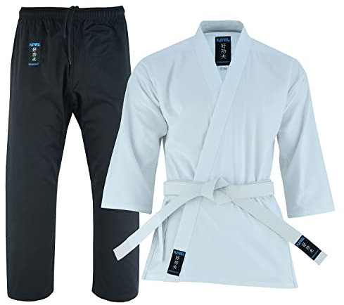 Playwell Mittelschweres Karate-Gemischte weiße Jacke/schwarze Hosenuniform-Anzug, Gi – 266 g, weiß, 4/170cm