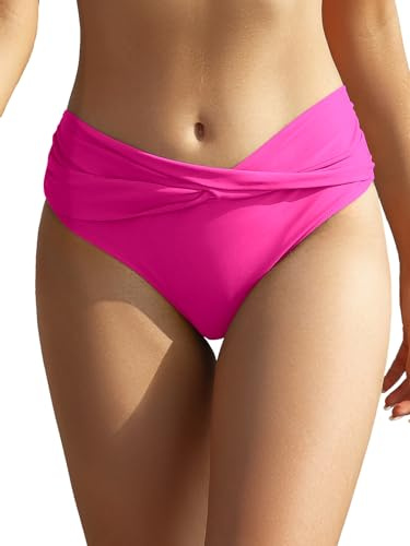SHEKINI Women's Bikini Bottom Twist Front Ruched Swimsuit Brief Pink