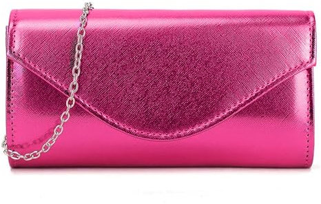 UShopUK Bolso de mano metálico brillante de piel sintética para novia, graduación, boda, noche, fiesta, bolso de mano, rosa fucsia, medium
