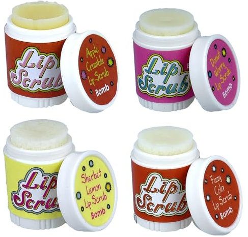 Bomb Cosmetics Flavoured Lip Scrub for Kids Hydrating Lip Care Long Lasting Exfoliating Lipstick for Girls Party Bag Favour 4 pc