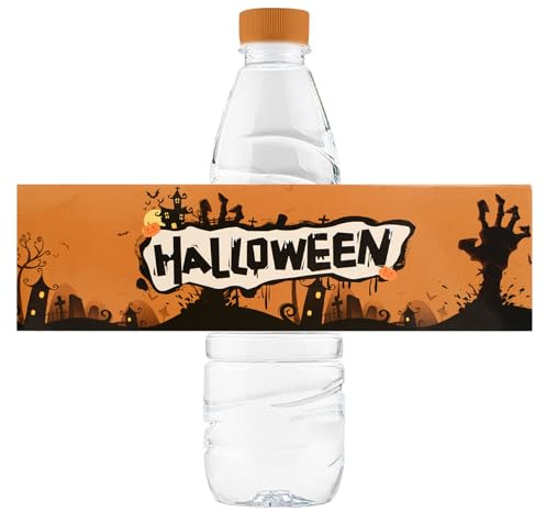 URROMA 50 etiquetas para botellas de agua de Halloween, estilo retro, calcomanías de color calabaza, envoltorios de bebidas para regalos de fiesta de Halloween, suministros de decoración