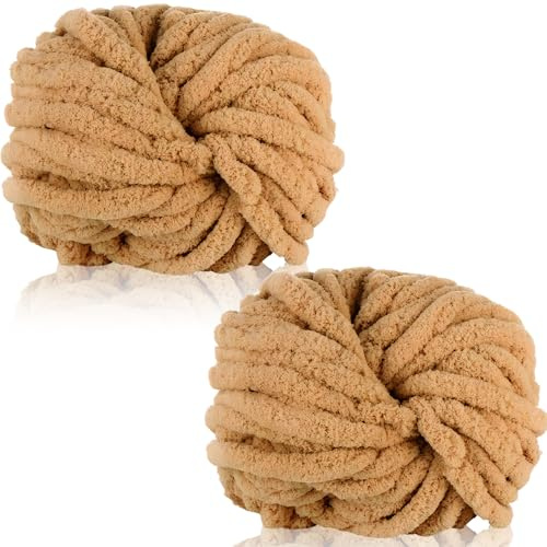 Duscdesp 2 Pack 240g Super Chunky Yarn for Hand Knitting,Thick Wool Yarn,Chenille Chunky Blanket Yarn for Hats Scarf Blankets Cushion Cat Bed(Milk Tea)