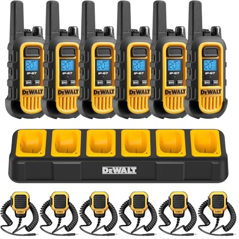 DEWALT DXFRS300 FRS Walkie Talkies, Long Range 2 Way Radio, 1W, IP67 Waterproof, 6 Pack with 6 Speaker Mics, Gang Charger, DXFRS300BCH6-RM1