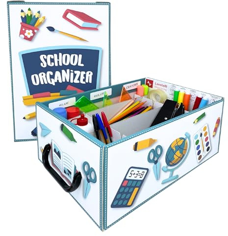 Lavatelli School Organizer, Caja de cartón para material escolar y creativo infantil, 4 separadores ajustables + soporte para lápices, hojas A4, bolígrafos y rotuladores, Vuelta al cole 32x22,5x15 cm