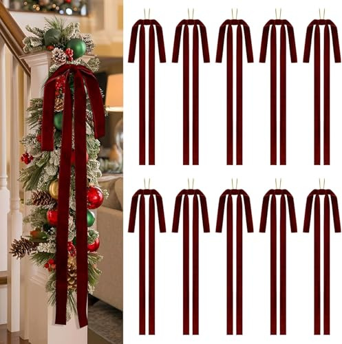 LATERN 10 Pezzi Vino Rosso Fiocchi Natalizi in Velluto, 40CM x 60CM Grandi Fiocchi per Albero Fiocco per Ghirlanda Confezioni Natalizie per Albero di Natale Camino Casa Porta D'ingresso Decorazioni