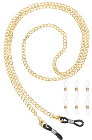 sourcing map Glasses Chain, 75cm Metal Eyeglasses Strap Stylish Mask Lanyard Chains with 6 Chain Ends for Women, Gold