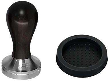 'Scarlet Espresso Classic Tamper avec Marron/noir en acier inoxydable Manche en bois pour passoire de machines, Set Ebenholz - Schwarz + Tamper Ablage, 41 MM