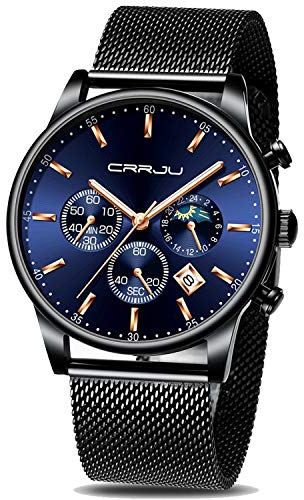 CRRJU Herren Uhren Chronograph Armbanduhr Männer Uhr Mann Sportuhren Wasserdicht mit Mesh-Armband Analog Quarzwerk (Schwarz blau Rosegold)