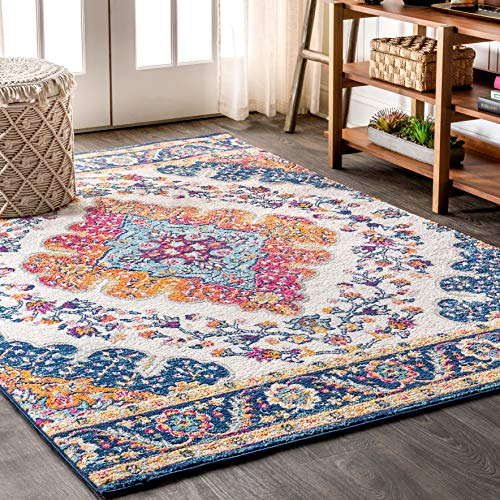 JONATHAN Y BMF106A-4 Alfombra Interior Medallón Vintage Boho Estilo Bohemio, Floral, Anti Derrame, Fácil de Limpiar, Habitación, Cocina, Salón, 120 cm x 180 cm, Azul/Multi