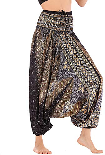 Nuofengkudu Damen Tiefer Schritt Hippie Haremshose Baggy Bunte Harem Jumpsuit Viskose Hose Leicht Dünn Luftig Wahrsagerin Kostüm Hosen Sommerhose Yogahose Haushose Einheitsgröße Schwarz Pfau