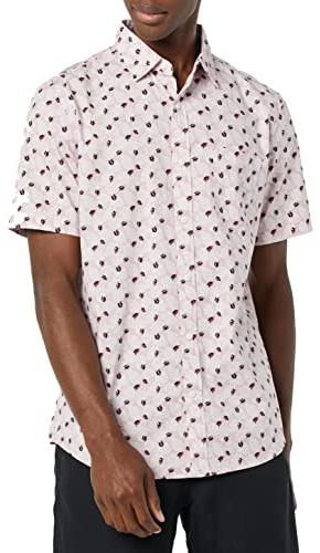 Amazon Essentials Men's Short Sleeve Dress Shirt with Stretch, Charcoal White Vertical Stripe (Available in Big & Tall), Light Pink Palm Leaf Print, Large