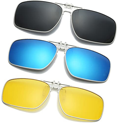 Long Keeper 3-Pack Polarised Clip on Sunglasses over Prescription Glasses for Men Women, Anti Glare Driving Fishing Clip-on Flip up Sunglasses