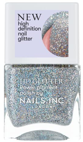 Nails Inc HD Glitter, Ring Light Ready, Silver, Metallic, Glossy, No Chip, Long Lasting, Quick Dry, Air Dry, Professional Manicures & Pedicures, Fingernails & Toenails, Vegan Nail Polish, 14 ML