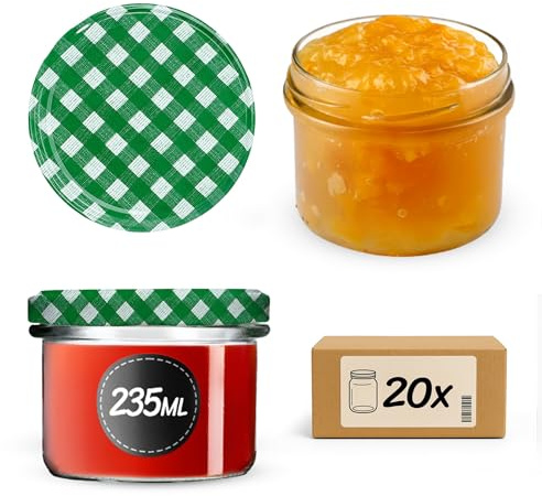 KADAX Små konserveringsburkar 235 ml, glas fi82, miniglas för honung och kryddor, syltburkar med lock, lufttäta burkar att ge bort (grönrutiga, 20 stycken)