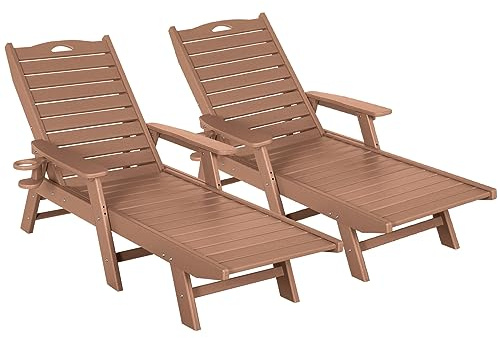 nalone Chaise Lounge Set of 2 Outdoor with 5-Position Adjustable Backrest, HDPE Lounge Chair for Outside Supports Up to 400 LBS, Pool Lounge Chairs for Patio Poolside Deck Beach Backyard (Teak)