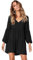 MeeQee Damen Freizeitkleider Langärmeliges Kleid mit V-Ausschnitt Lose Swing Glockenärmel Rüschen Saum Minikleider Elegante Schwarz Midi Partykleid für Damen