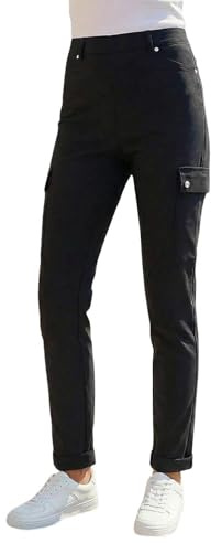 Roman Cargo Trousers for Women UK Ladies Stretch Combat Pants Turn Up High Waist Rise Pull On Smart Casual Slimming Work Office Fitted Straight Leg Pockets Summer - Black - Size 16
