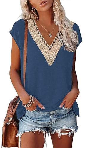 PLOKNRD T-Shirt D'été à Manches Courtes pour Femme Col en V et Élégant Décolleté Dentelle Été Top Lâche Classique