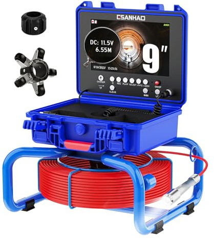 Telecamera per Ispezione tubi con Contatore di Distanza, Endoscopio Industriale per Tub con DVR Video Registrazione, 9 IPS Schermo Professionale Video Ispezione con IP68 Impermeabile