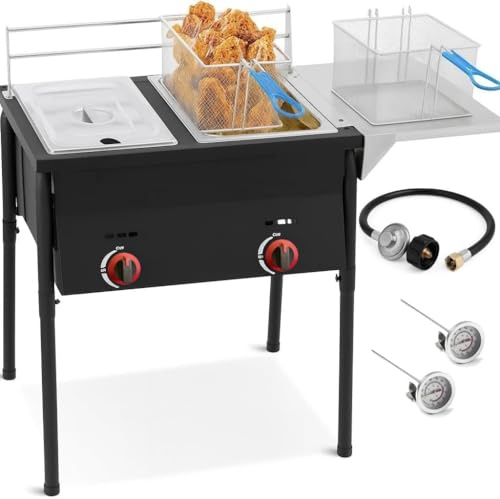 Two Tank Propane Deep Fryer-2 Basket Stainless Steel Cooker-Fry Fish/Chicken-Outdoor Fryer Cart-4 Gal. Oil Capacity-16 QT-with 2 Thermometers and Regulator