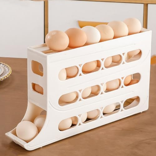 Somerway Soporte para huevos con cajas de almacenamiento de cuatro niveles, cajas de huevos rodantes automáticas, gran capacidad que ahorra espacio, bandeja de huevos para escalfar huevos,