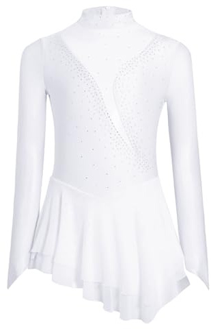 inhzoy Abito da Pattinaggio Artistico Bambina Balletto Leotard Manica Lunga Vestito Ballo Latino Tango Body Danza Classica Ballerina Costume da Danza Samba Salsa Dancewear Bianco 11-12 Anni