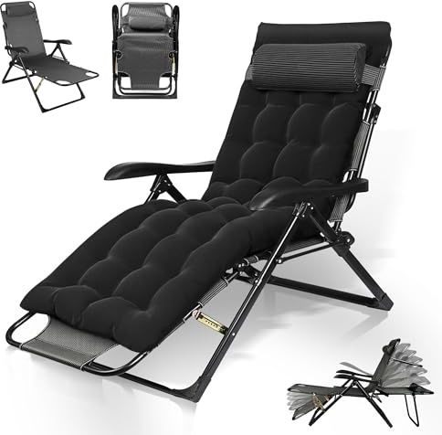 AYDFUORT Chaise longue de jardin pliable - Dossier réglable - Avec coussin, porte-gobelet, chaise longue pour balcon - Charge maximale : 150 kg (noir)