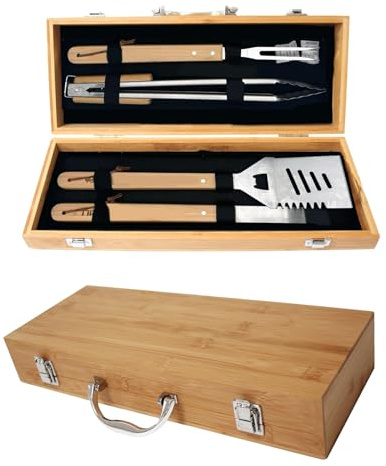 Kit Barbacoa, 4 Piezas Utensilios Barbacoa de Acero Inoxidable con Mango de Madera Accesorios Barbacoa con Caja de Barbacoa de Madera para Asar al Aire Libre Acampar y Hacer Picnics