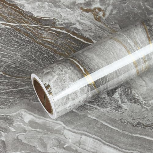 VEELIKE Självhäftande tapet marmorutseende grå guld 60 cm x 300 cm möbelfolie marmor tapeter grå guld högglans självhäftande film bänkskiva kök bakvägg badrum vattentät kökstapet marmor