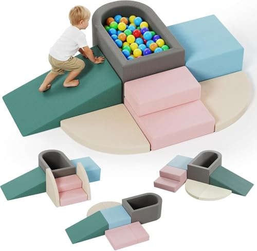 Set di 7 Blocchi di Costruzione per Bambini, Set da Gioco Blocchi Morbidi in Schiuma, Blocchi in Schiuma per Arrampicarsi con Piscina di Palline, Giocattoli Montessori per Soggiorno, Cameretta e Asilo