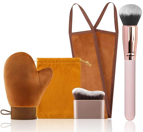 Vesavifaka 4-en-1 Set de guantes autobronceadores reutilizables con aplicador para la espalda, brocha bronceadora para cuerpo y rostro, autobronceador facial con bolsa de almacenamiento – Marrón
