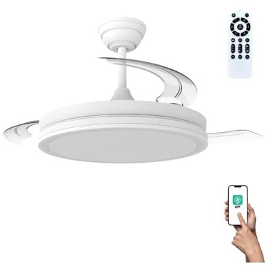 wonderlamp Ventilador de Techo aspas retráctiles silencioso, con MODO LUZ NOCHE, Smart con APP o mando a distancia, Luz LED Dimmable 3CCT 60W Astra Evo Blanco, Motor DC, 6 Velocidades Ø106