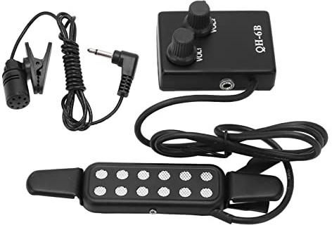HUSHUI Gitarrupptagningsförstärkare med 12 Ljudhål och Volymkontroll för Akustisk Prestanda, Svart ABS, Inkluderar Mikrofon och Kabel