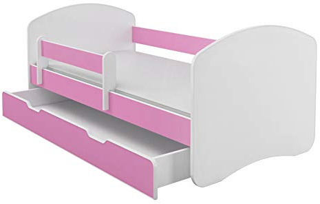 ACMA Kinderbett Jugendbett mit Einer Schublade und Matratze Weiß II (160x80 cm + Schublade, Rosa)